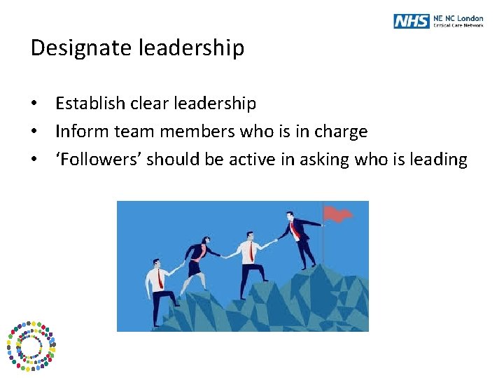 Designate leadership • Establish clear leadership • Inform team members who is in charge