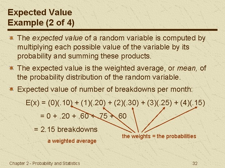 Expected Value Example (2 of 4) The expected value of a random variable is