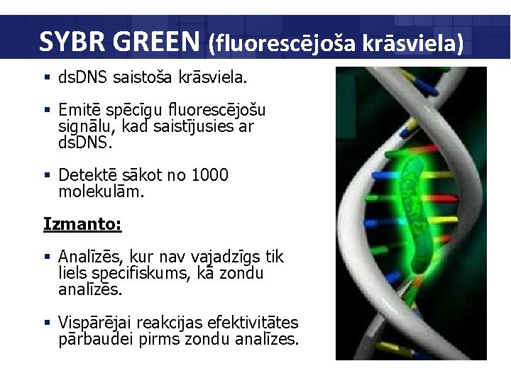SYBR GREEN (fluorescējoša krāsviela) § ds. DNS saistoša krāsviela. § Emitē spēcīgu fluorescējošu signālu,