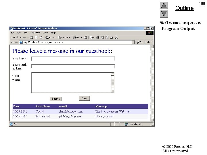 Outline 100 Welcome. aspx. cs Program Output 2002 Prentice Hall. All rights reserved. 