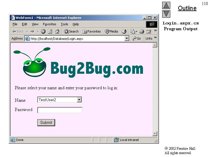 Outline Login. aspx. cs Program Output 2002 Prentice Hall. All rights reserved. 110 