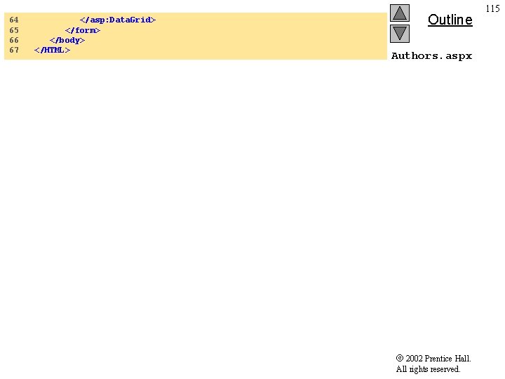 64 65 66 67 </asp: Data. Grid> </form> </body> </HTML> Outline Authors. aspx 2002