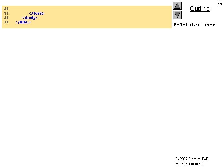 36 37 38 39 </form> </body> </HTML> Outline Ad. Rotator. aspx 2002 Prentice Hall.