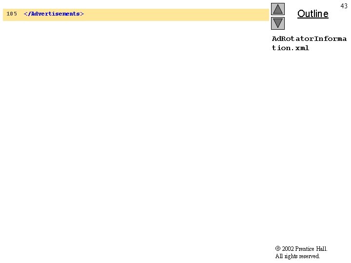 105 </Advertisements> Outline 43 Ad. Rotator. Informa tion. xml 2002 Prentice Hall. All rights