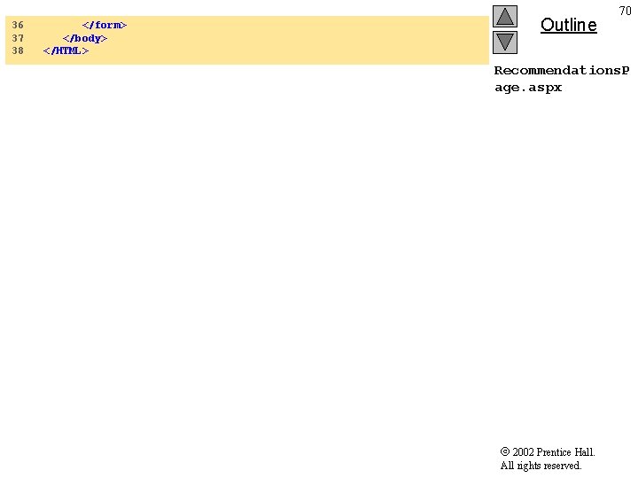 36 37 38 </form> </body> </HTML> Outline 70 Recommendations. P age. aspx 2002 Prentice