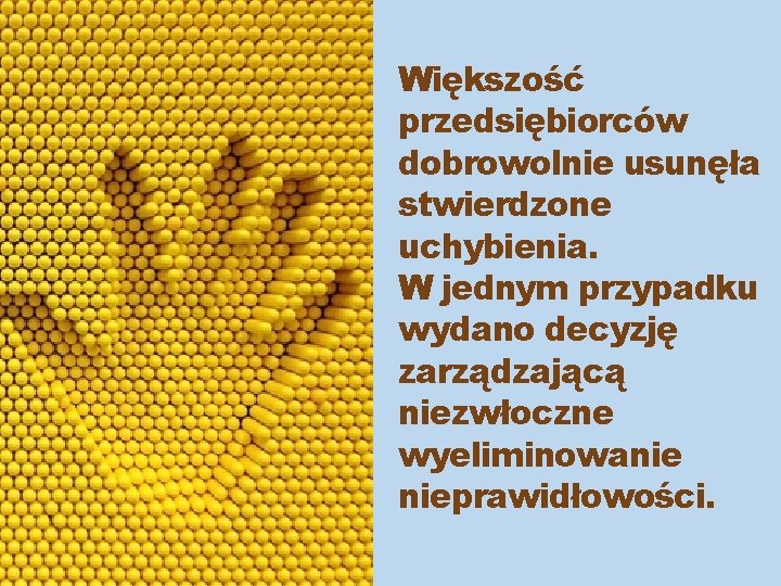 Większość przedsiębiorców dobrowolnie usunęła stwierdzone uchybienia. W jednym przypadku wydano decyzję zarządzającą niezwłoczne wyeliminowanie