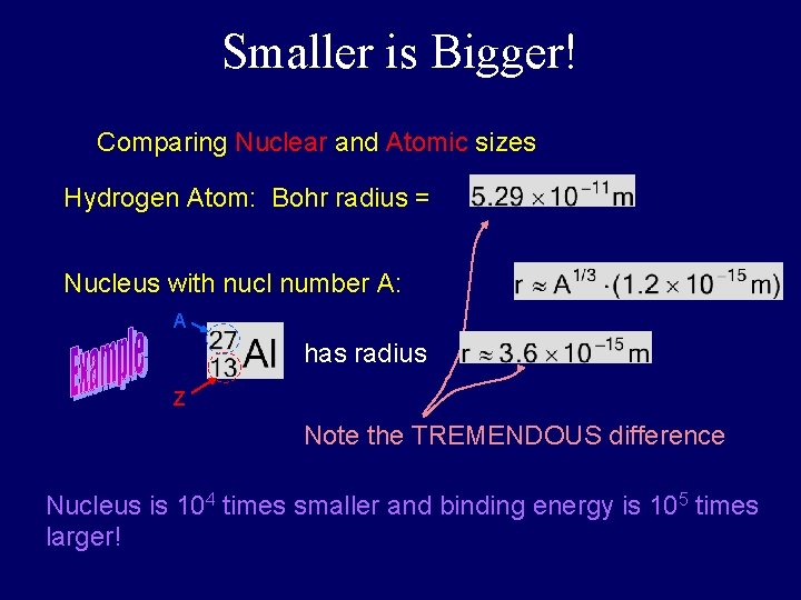 Smaller is Bigger! Comparing Nuclear and Atomic sizes Hydrogen Atom: Bohr radius = Nucleus