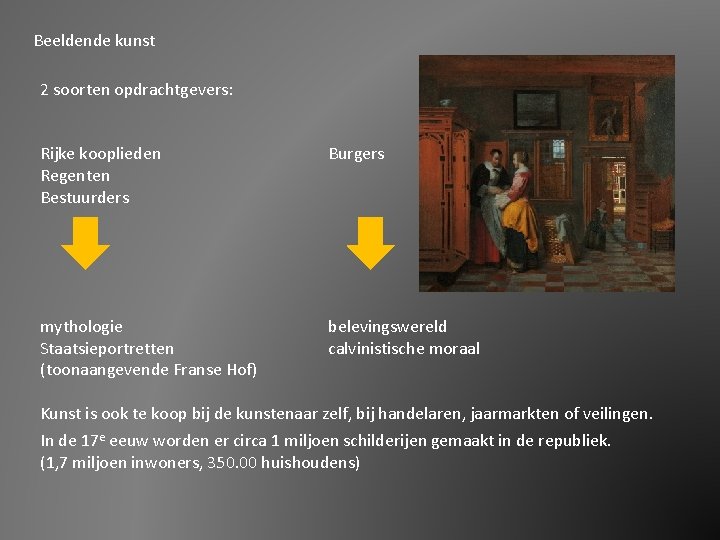 Beeldende kunst 2 soorten opdrachtgevers: Rijke kooplieden Regenten Bestuurders Burgers mythologie Staatsieportretten (toonaangevende Franse