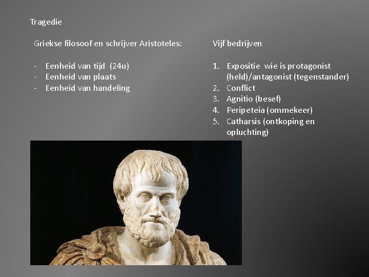 Tragedie Griekse filosoof en schrijver Aristoteles: Vijf bedrijven - Eenheid van tijd (24 u)