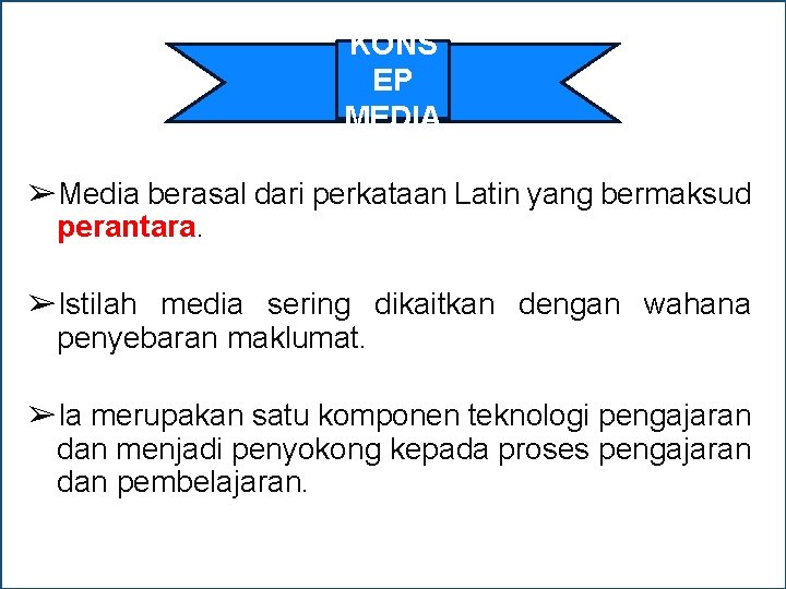 KONS EP MEDIA ➢Media berasal dari perkataan Latin yang bermaksud perantara. ➢Istilah media sering