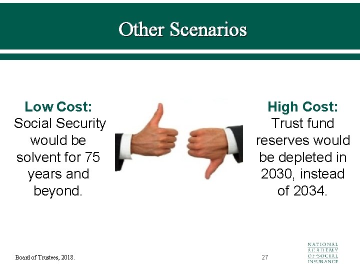 Other Scenarios Low Cost: Social Security would be solvent for 75 years and beyond.