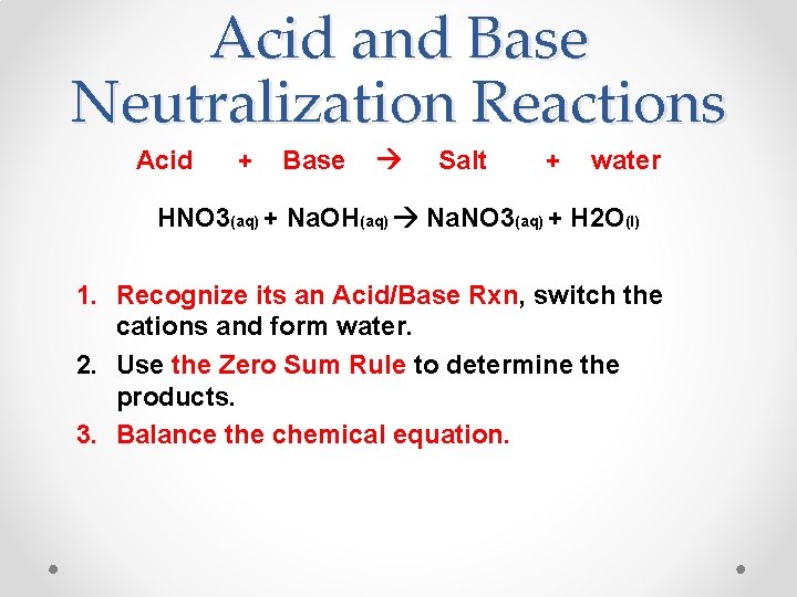 Acid and Base Neutralization Reactions Acid + Base Salt + water HNO 3(aq) + Acid and Base Neutralization Reactions Acid + Base Salt + water HNO 3(aq) +