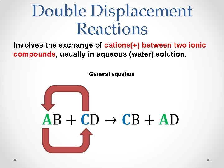 Double Displacement Reactions Involves the exchange of cations(+) between two ionic compounds, usually in Double Displacement Reactions Involves the exchange of cations(+) between two ionic compounds, usually in