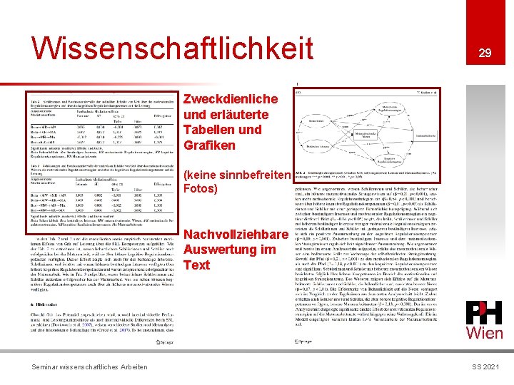 Wissenschaftlichkeit 29 Zweckdienliche und erläuterte Tabellen und Grafiken (keine sinnbefreiten Fotos) Nachvollziehbare Auswertung im