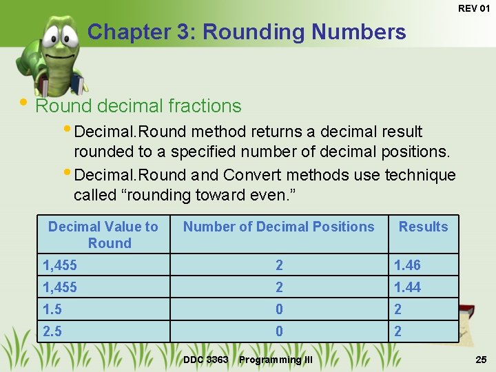 REV 01 Chapter 3: Rounding Numbers • Round decimal fractions • Decimal. Round method