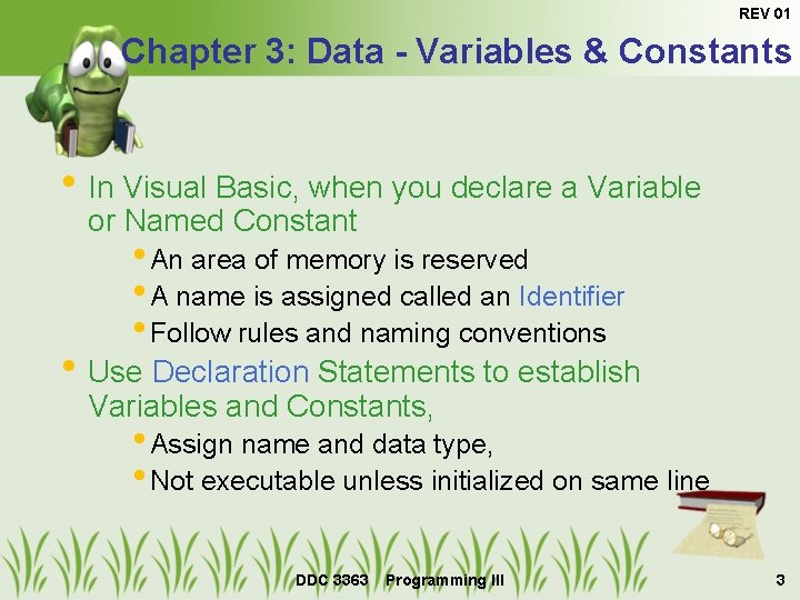 REV 01 Chapter 3: Data - Variables & Constants • In Visual Basic, when