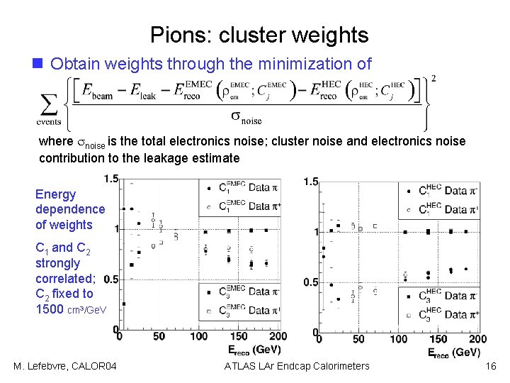 Pions: cluster weights n Obtain weights through the minimization of where noise is the