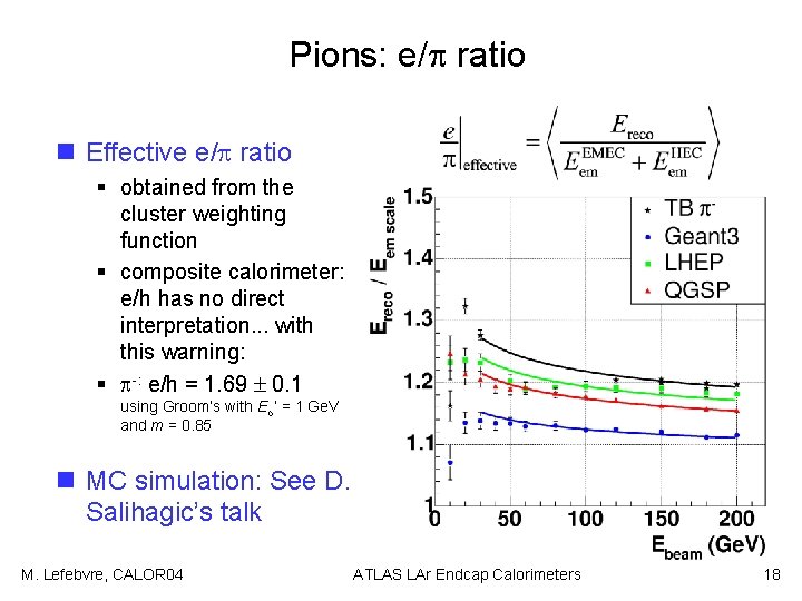 Pions: e/ ratio n Effective e/ ratio § obtained from the cluster weighting function