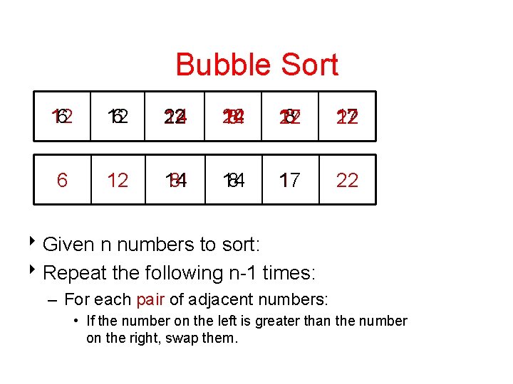 Bubble Sort 12 6 22 14 8 8 17 22 6 12 14 8