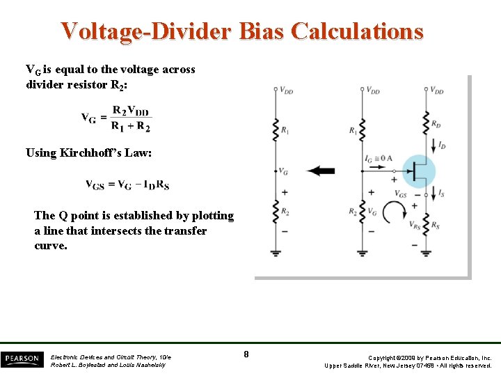 Voltage-Divider Bias Calculations VG is equal to the voltage across divider resistor R 2: