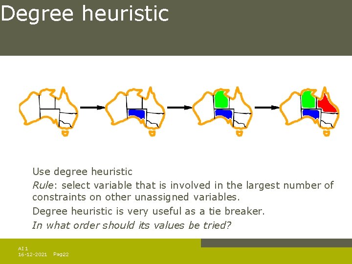 Degree heuristic Use degree heuristic Rule: select variable that is involved in the largest Degree heuristic Use degree heuristic Rule: select variable that is involved in the largest