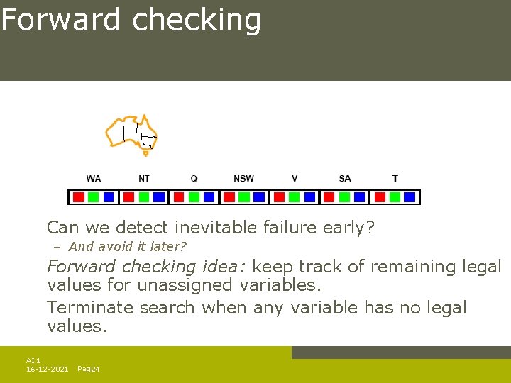 Forward checking Can we detect inevitable failure early? – And avoid it later? Forward Forward checking Can we detect inevitable failure early? – And avoid it later? Forward