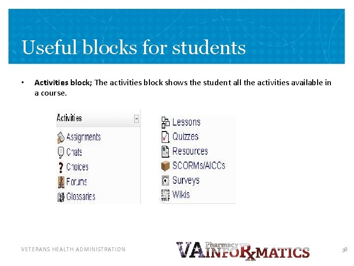 Useful blocks for students • Activities block; The activities block shows the student all
