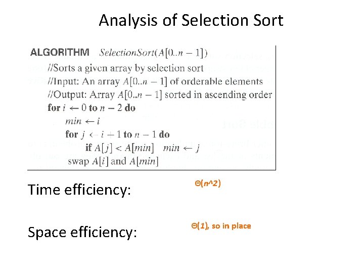 Analysis of Selection Sort Time efficiency: Space efficiency: Θ(n^2) Θ(1), so in place 