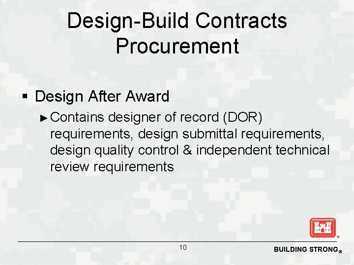 Design-Build Contracts Procurement § Design After Award ► Contains designer of record (DOR) requirements,