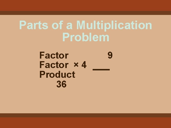 Parts of a Multiplication Problem Factor × 4 Product 36 9 