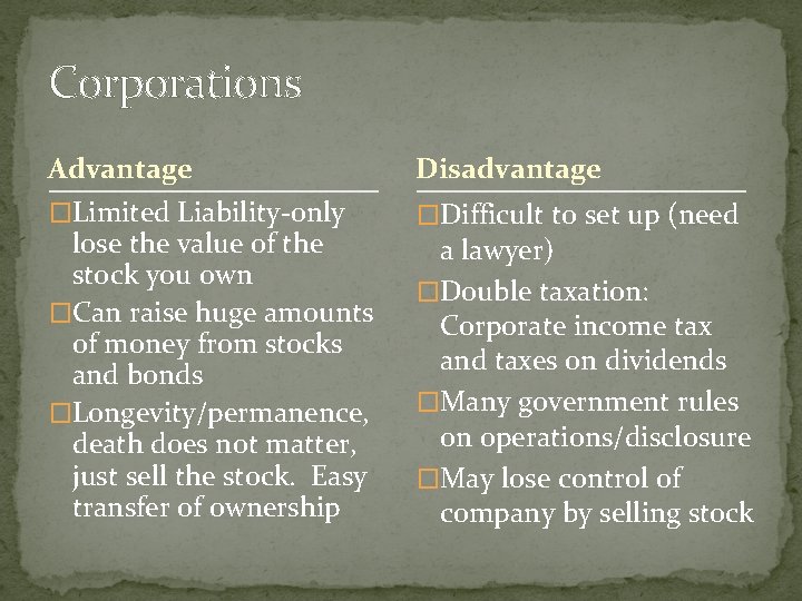 Corporations Advantage Disadvantage �Limited Liability-only �Difficult to set up (need lose the value of