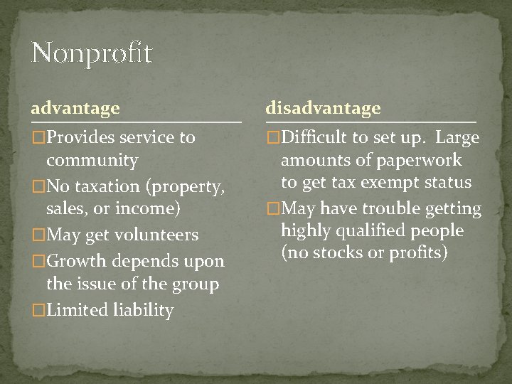 Nonprofit advantage disadvantage �Provides service to �Difficult to set up. Large community �No taxation