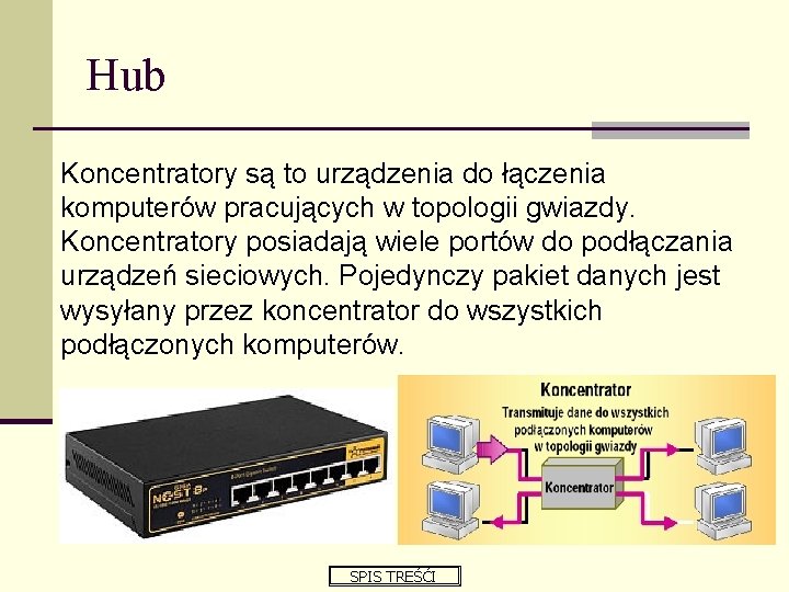Hub Koncentratory są to urządzenia do łączenia komputerów pracujących w topologii gwiazdy. Koncentratory posiadają