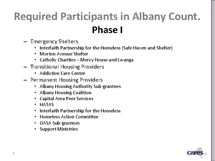 Required Participants in Albany Count. Phase I – Emergency Shelters • Interfaith Partnership for