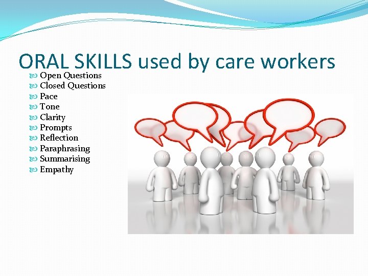 ORAL SKILLS used by care workers Open Questions Closed Questions Pace Tone Clarity Prompts