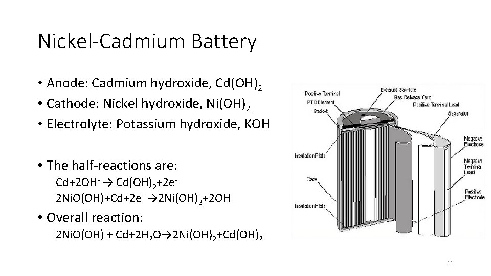 Nickel-Cadmium Battery • Anode: Cadmium hydroxide, Cd(OH)2 • Cathode: Nickel hydroxide, Ni(OH)2 • Electrolyte: