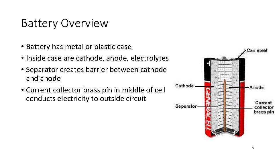 Battery Overview • Battery has metal or plastic case • Inside case are cathode,