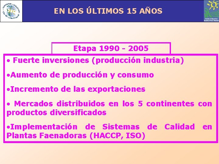 EN LOS ÚLTIMOS 15 AÑOS Etapa 1990 - 2005 • Fuerte inversiones (producción industria)