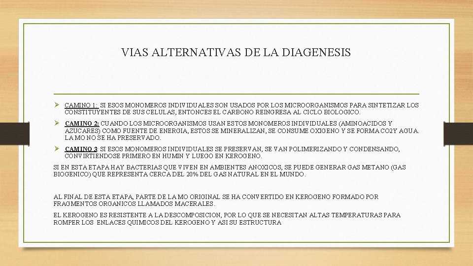 VIAS ALTERNATIVAS DE LA DIAGENESIS Ø CAMINO 1: SI ESOS MONOMEROS INDIVIDUALES SON USADOS VIAS ALTERNATIVAS DE LA DIAGENESIS Ø CAMINO 1: SI ESOS MONOMEROS INDIVIDUALES SON USADOS