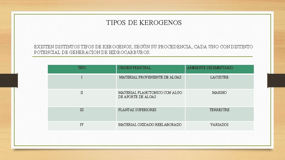TIPOS DE KEROGENOS EXISTEN DISTINTOS TIPOS DE KEROGENOS, SEGÚN SU PROCEDENCIA, CADA UNO CON TIPOS DE KEROGENOS EXISTEN DISTINTOS TIPOS DE KEROGENOS, SEGÚN SU PROCEDENCIA, CADA UNO CON