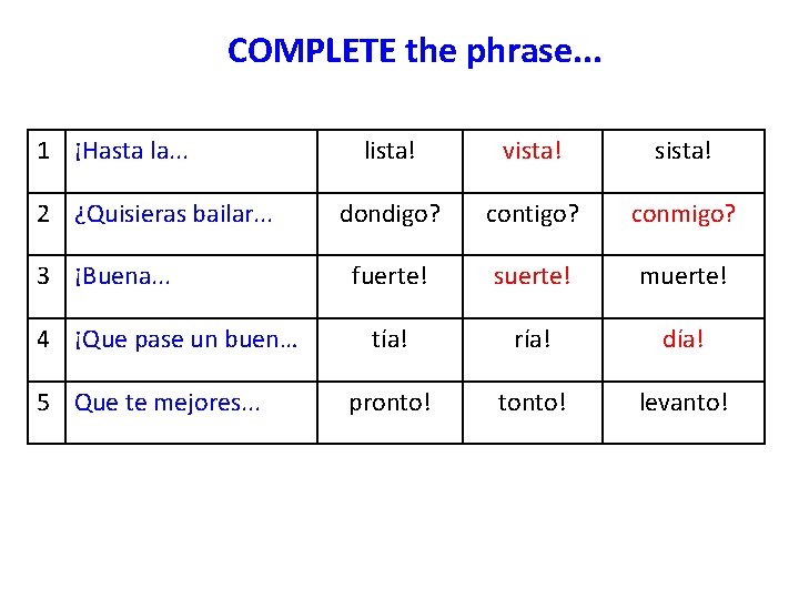 COMPLETE the phrase. . . 1 ¡Hasta la. . . 2 ¿Quisieras bailar. .