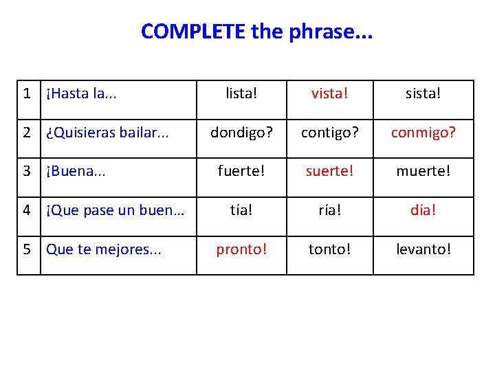 COMPLETE the phrase. . . 1 ¡Hasta la. . . 2 ¿Quisieras bailar. .