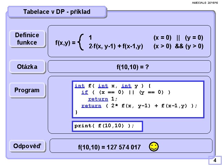 A 4 B 33 ALG 2015/10 Tabelace v DP - příklad Definice funkce Otázka