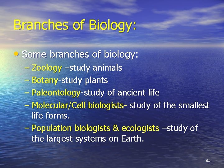 Branches of Biology: • Some branches of biology: – Zoology –study animals – Botany-study