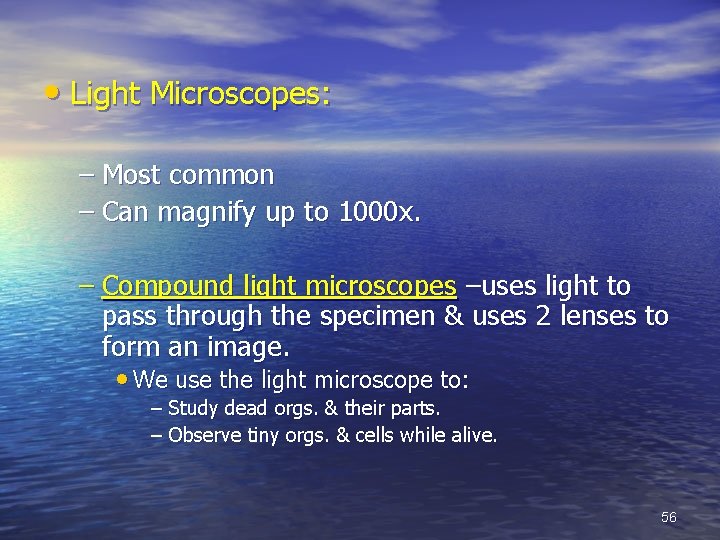  • Light Microscopes: – Most common – Can magnify up to 1000 x.