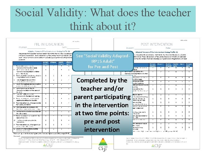 Social Validity: What does the teacher think about it? See “Social Validity Adapted. IRP