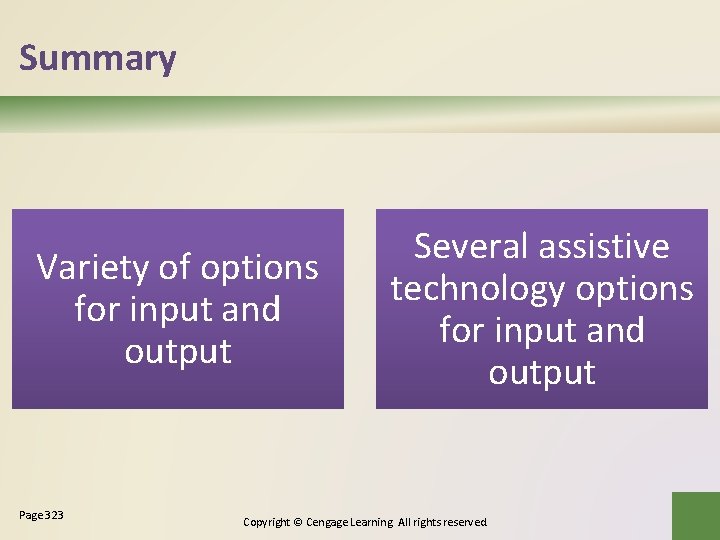 Summary Variety of options for input and output Page 323 Several assistive technology options Summary Variety of options for input and output Page 323 Several assistive technology options