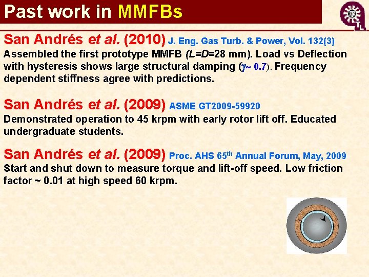 Past work in MMFBs San Andrés et al. (2010) J. Eng. Gas Turb. &