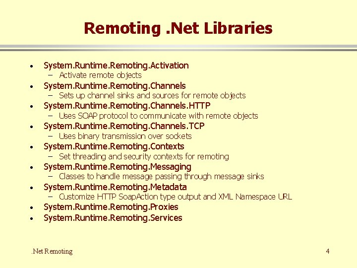 Remoting. Net Libraries · System. Runtime. Remoting. Activation · System. Runtime. Remoting. Channels. HTTP