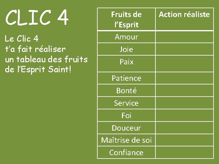 CLIC 4 Le Clic 4 t’a fait réaliser un tableau des fruits de l’Esprit